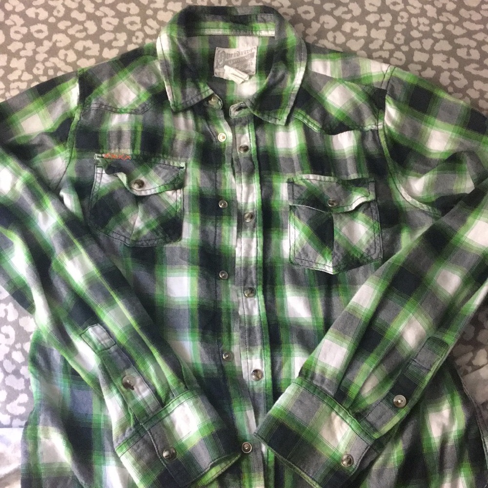 Green white and black flannel shirt